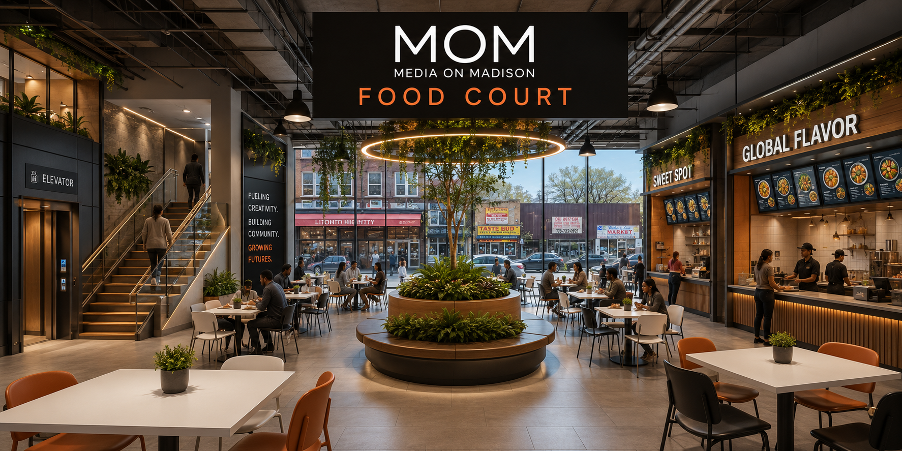 The MOM Food Court, a community-facing gathering space connecting food, culture, commerce and creativity.